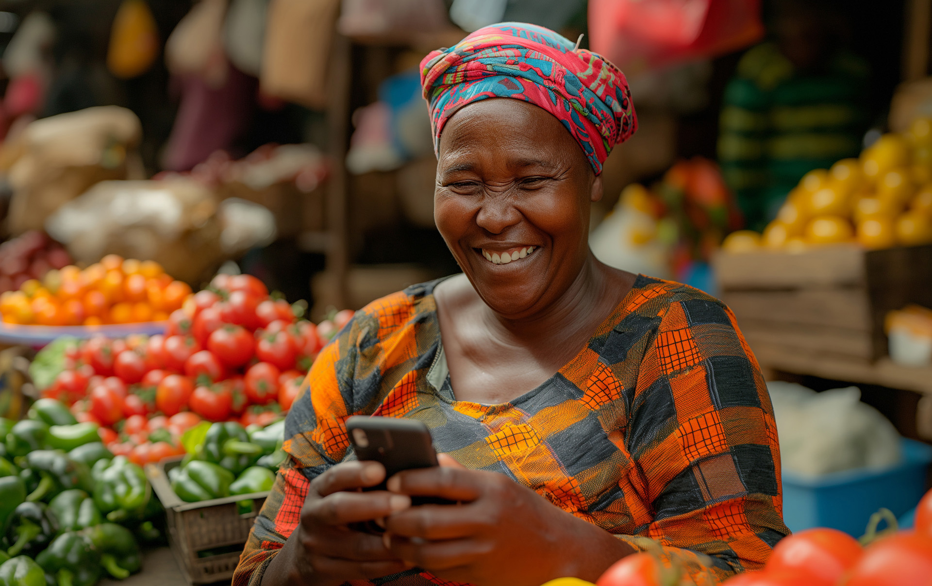 Market trader smiling at her phone